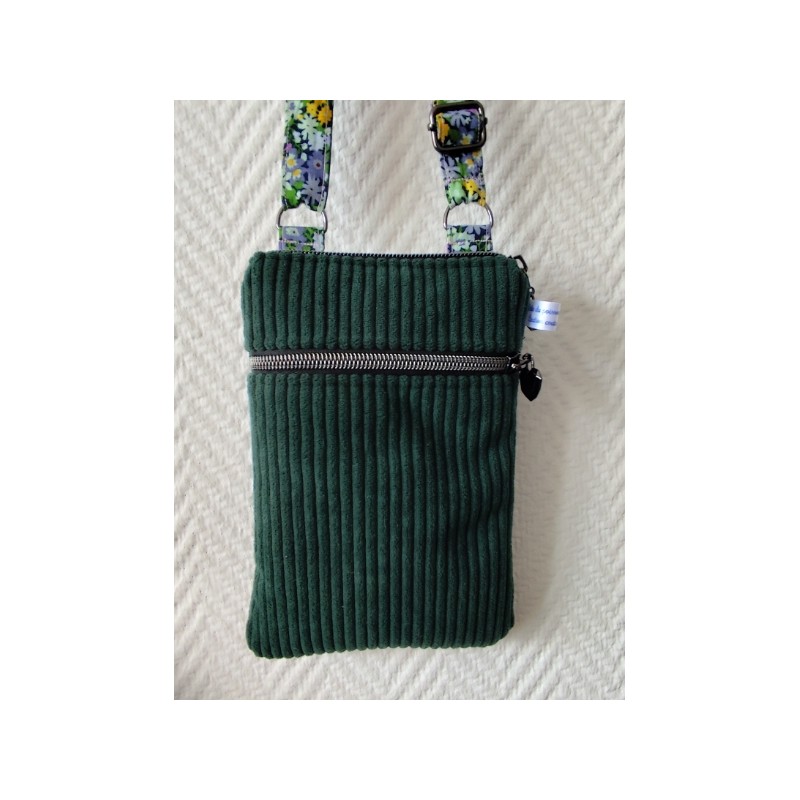 Pochette téléphone velours vert sapin doublure fleurie