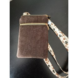 Pochette téléphone velours marron chocolat et doublure léopard écru