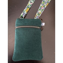 Pochette téléphone velours vert sapin doublure fleurie