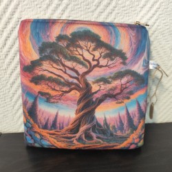 Pochette en velours imprimé arbre de vie fond mauve