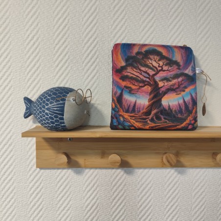 Pochette en velours imprimé arbre de vie fond mauve