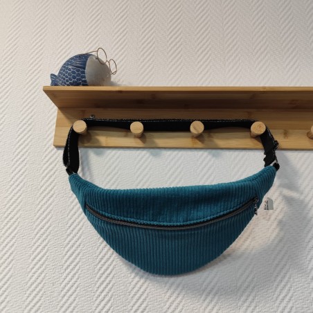 Sac banane velours bleu canard et imprimé fleuri japonisant