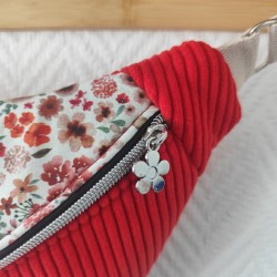 Sac banane xl velours rouge et imprimé fleuri rouge