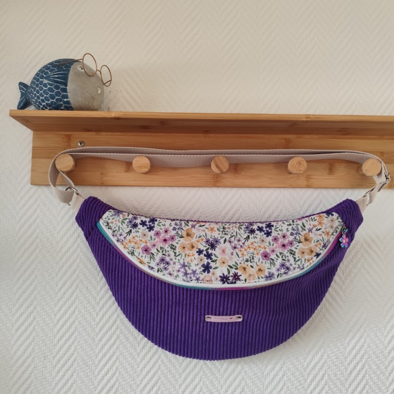 Sac banane xl velours violet et imprimé fleuri mauve