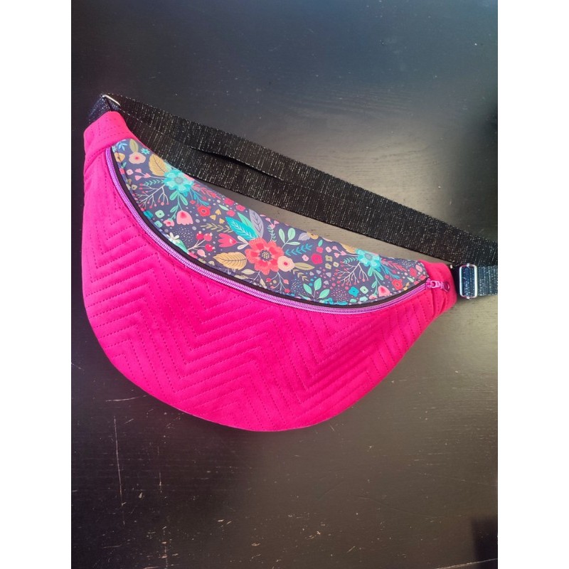 Sac banane xl velours matelassé rose fushia et imprimé fleuri