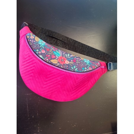 Sac banane xl velours matelassé rose fushia et imprimé fleuri