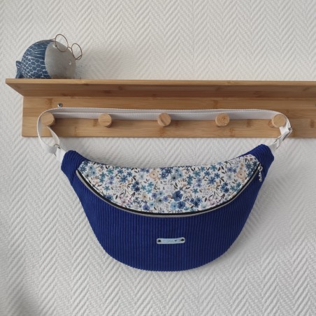 Sac banane xl velours bleu électrique et imprimé fleuri bleu