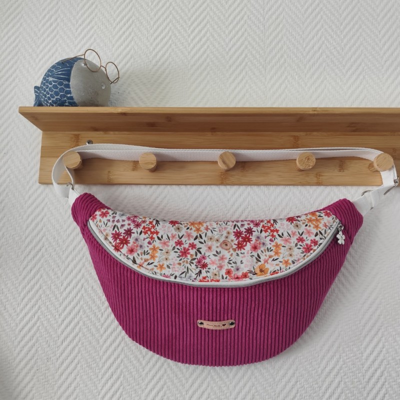 Sac banane xl velours rose violine et imprimé fleuri assorti