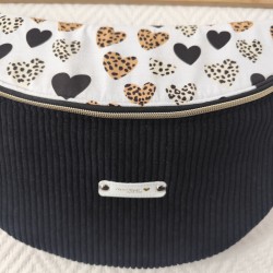 Sac banane xl velours noir et imprimé coeur léopard