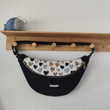 Sac banane xl velours noir et imprimé coeur léopard