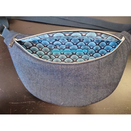 Sac banane xl en jean et imprimé paon bleu