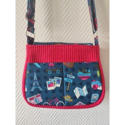 Sac à main bandoulière velours rose fushia et imprimé globe trotter