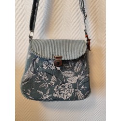 Sac à main bandoulière velours bleu clair et imprimé fleuri fond bleu gris