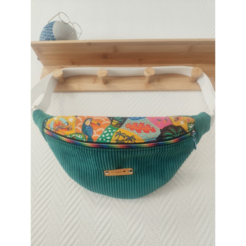 Sac banane velours vert et imprimé tropical