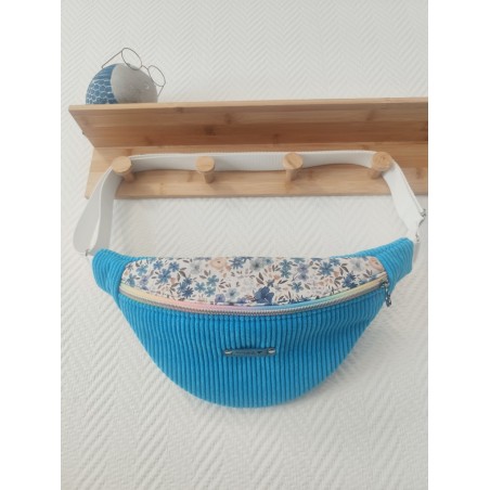 Sac banane velours bleu turquoise et imprimé fleuri bleu