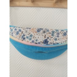 Sac banane velours bleu turquoise et imprimé fleuri bleu