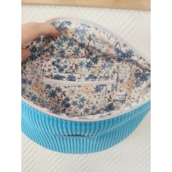 Sac banane velours bleu turquoise et imprimé fleuri bleu