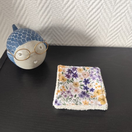 Lot de 5 lingettes toutes douces imprimé fleuri mauve et éponge bambou blanche