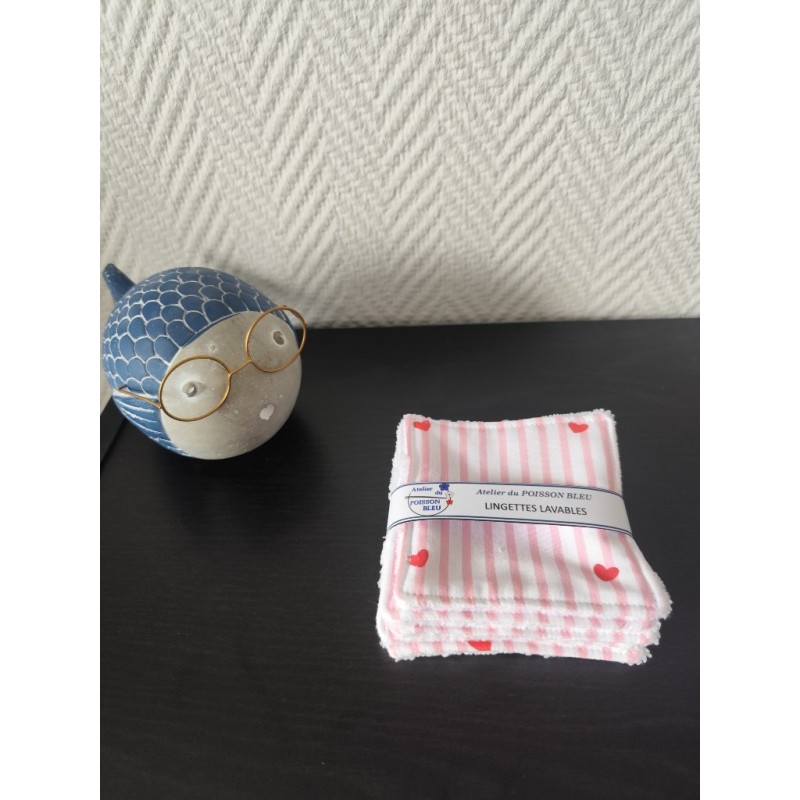 Lot de 5 lingettes toutes douces imprimé coeurs rouges et éponge bambou blanche