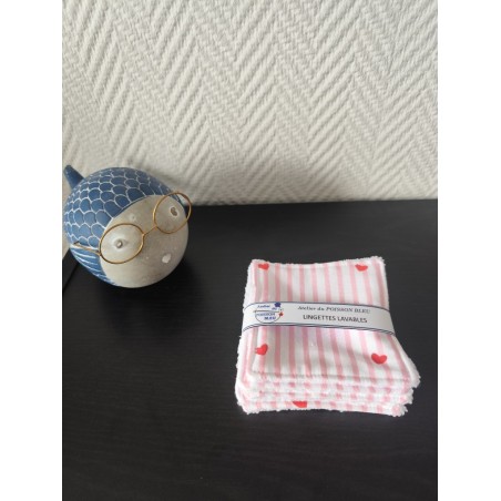 Lot de 5 lingettes toutes douces imprimé coeurs rouges et éponge bambou blanche