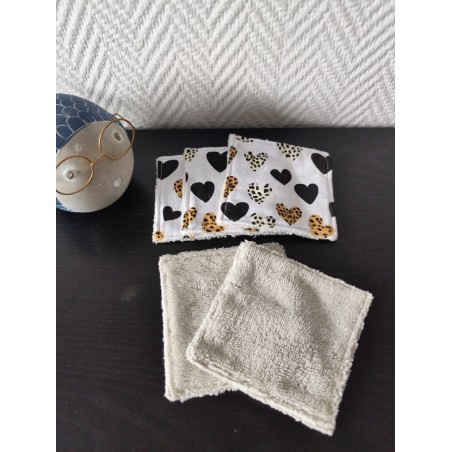 Lot de 5 lingettes toutes douces imprimé coeurs léopard et éponge bambou écrue