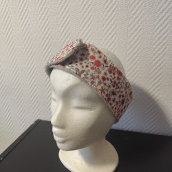 Bandeau de soin réglable imprimé fleuri rouge et en éponge bambou écrue toute douce