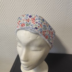 Bandeau de soin réglable imprimé fleuri printanier bleu et éponge bambou blanche toute douce