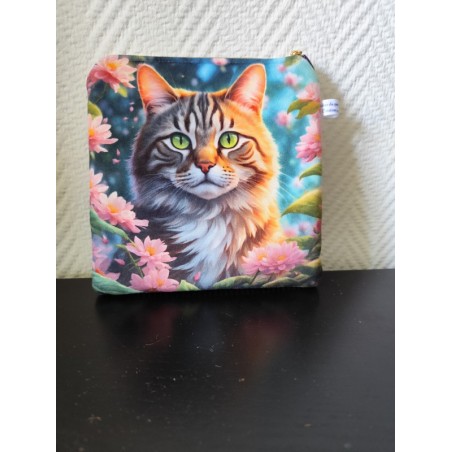 Pochette en velours imprimé chat et fleurs roses- 20x20 cm