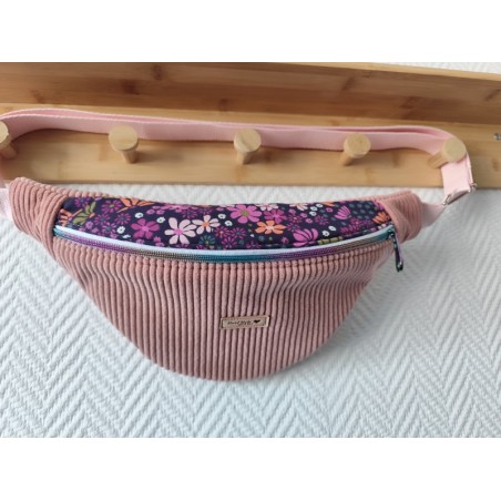 Sac banane velours rose et imprimé fleuri fond prune
