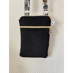 Pochette téléphone velours noir et imprimé feuilles noir et blanc