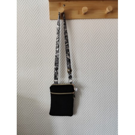 Pochette téléphone velours noir et imprimé feuilles noir et blanc
