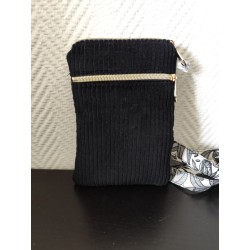 Pochette téléphone velours noir et imprimé feuilles noir et blanc