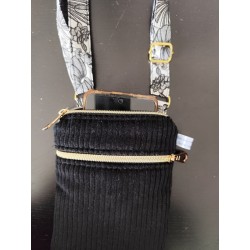Pochette téléphone velours noir et imprimé feuilles noir et blanc