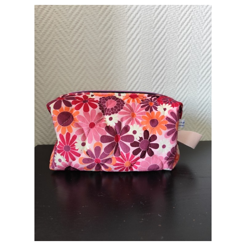Trousse de toilette en velours matelassé fleuri rose avec poignée