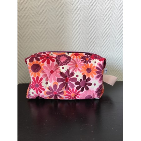 Trousse de toilette en velours matelassé fleuri rose avec poignée