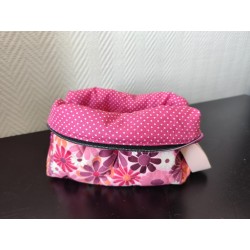 Trousse de toilette en velours matelassé fleuri rose avec poignée
