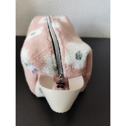 Trousse de toilette en tissu moumoute rose à fleurs avec poignée