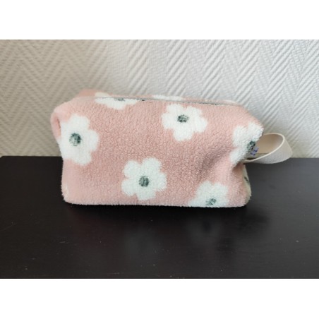 Trousse de toilette en tissu moumoute rose à fleurs avec poignée