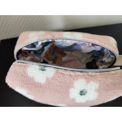 Trousse de toilette en tissu moumoute rose à fleurs avec poignée