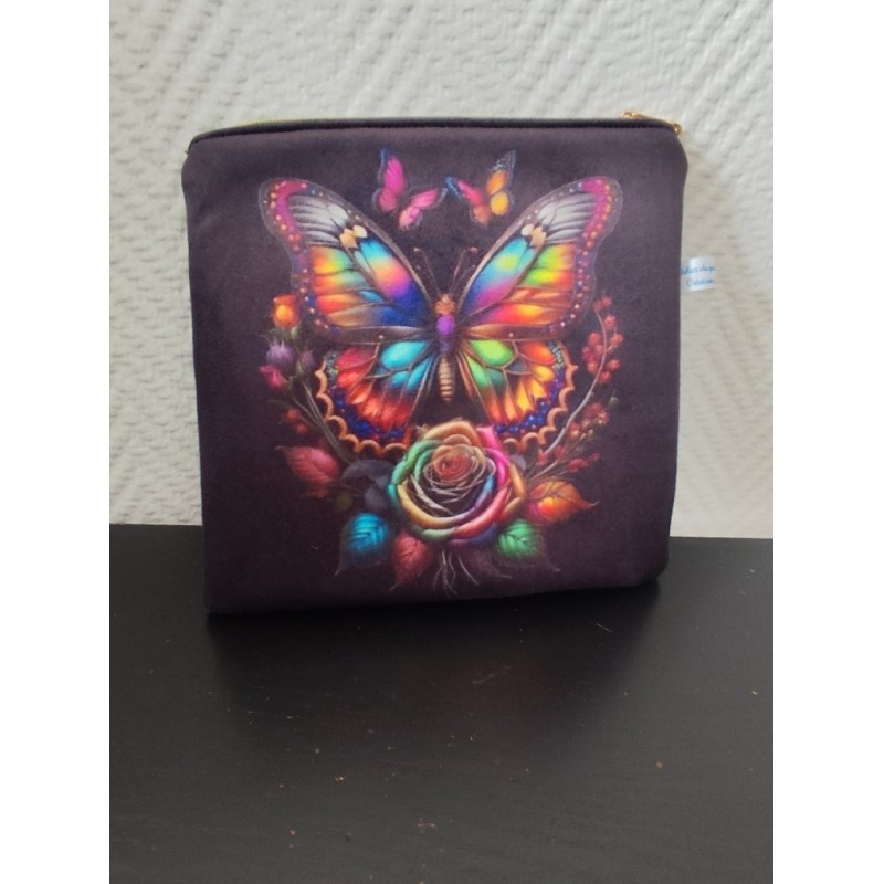 Pochette en velours imprimé papillon et rose multicolore - 20x20 cm