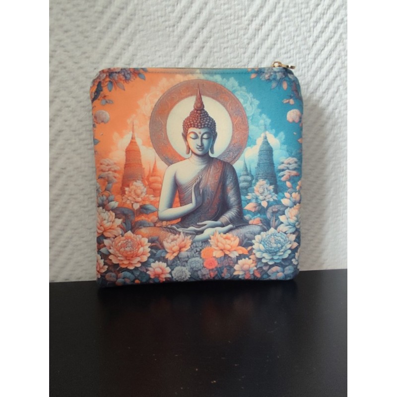 Pochette en velours imprimé esprit zen fond bleu et orange- 20x20 cm