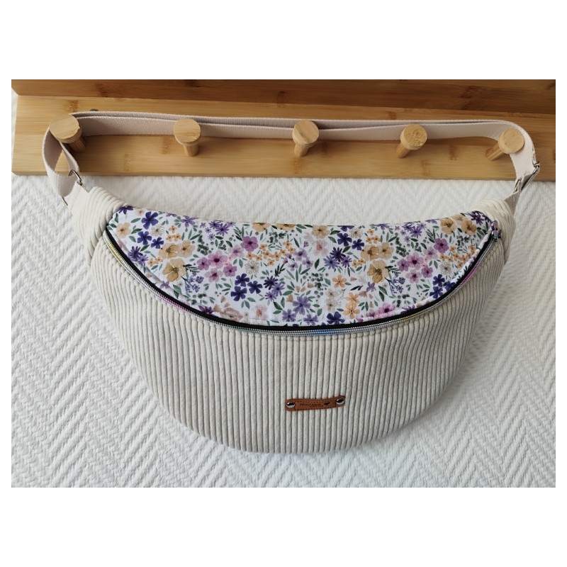 Sac banane xl velours écru et imprimé fleuri mauve