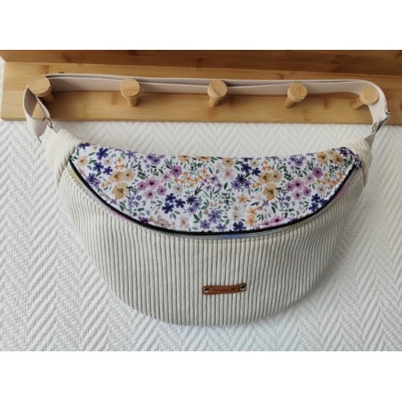 Sac banane xl velours écru et imprimé fleuri mauve