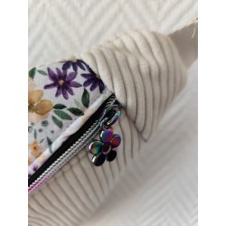 Sac banane xl velours écru et imprimé fleuri mauve