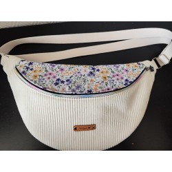 Sac banane xl velours écru et imprimé fleuri mauve