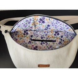 Sac banane xl velours écru et imprimé fleuri mauve