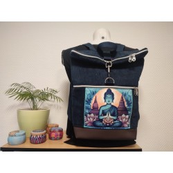 Sac à dos velours bleu marine imprimé bouddha