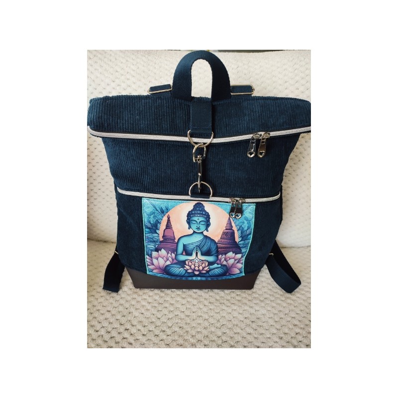 Sac à dos velours bleu marine imprimé bouddha