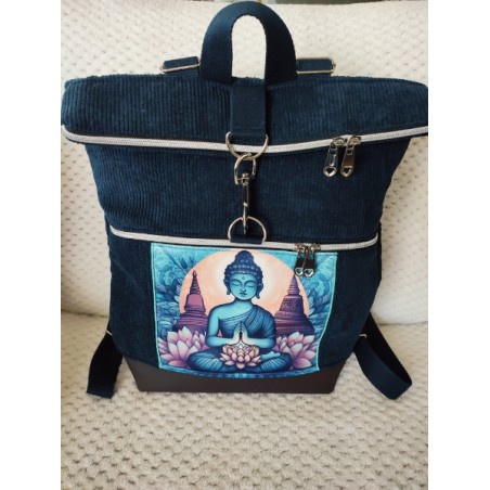 Sac à dos velours bleu marine imprimé bouddha