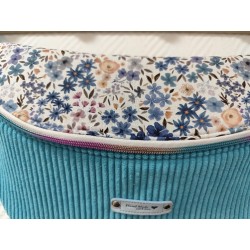 Sac banane xl velours bleu turquoise et imprimé fleuri bleu